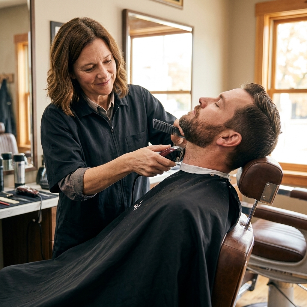 A barber using electric clippers to clean up a man's beard neckline while the client sits in a chair wearing a cape