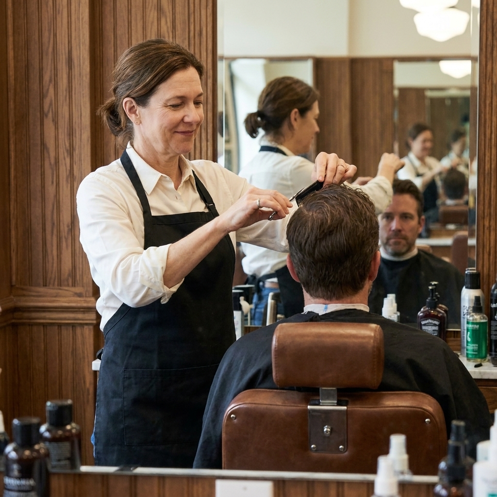 A barber using scissors to trim a man's hair in a barbershop while the client looks forward in the mirror