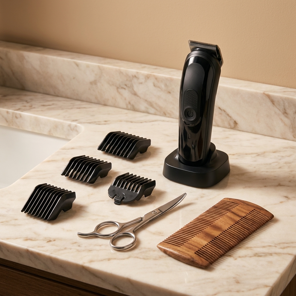 A beard trimmer with clip-on guards, small grooming scissors, and a wooden beard comb laid neatly on a bathroom countertop