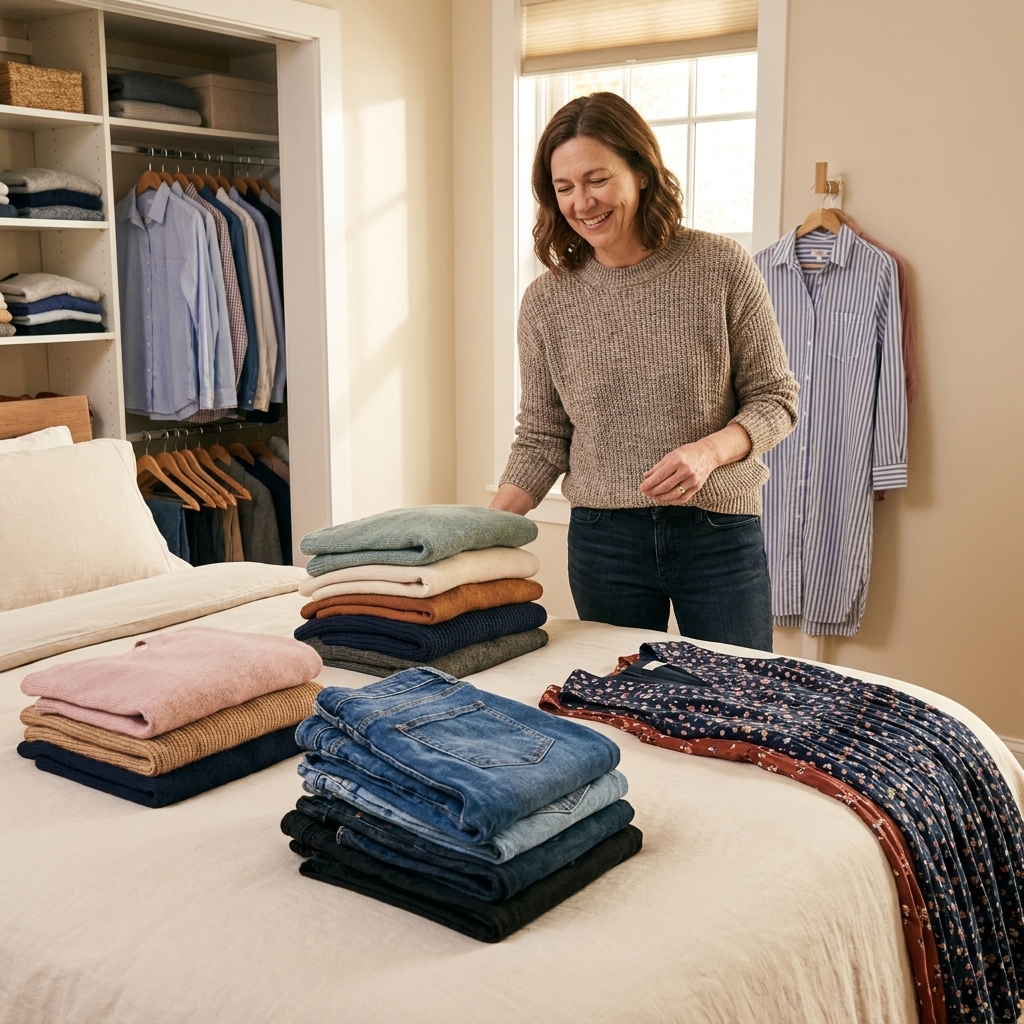 A bedroom scene with sweaters, jeans, and dresses sorted into separate piles on a neatly made bed, a closet open in the background