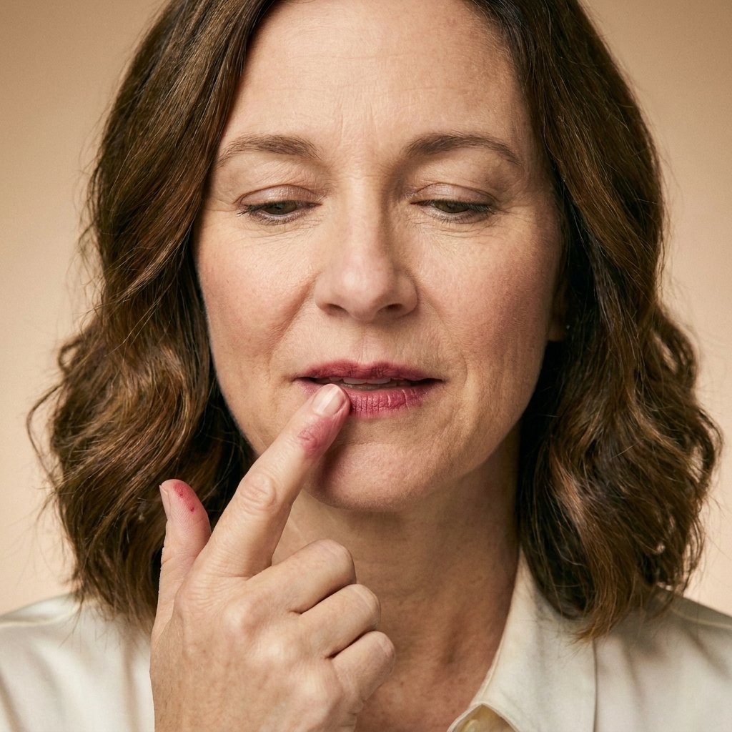 A close-up of a person applying a sheer lip stain and blotting it with their fingertip for a soft, diffused edge