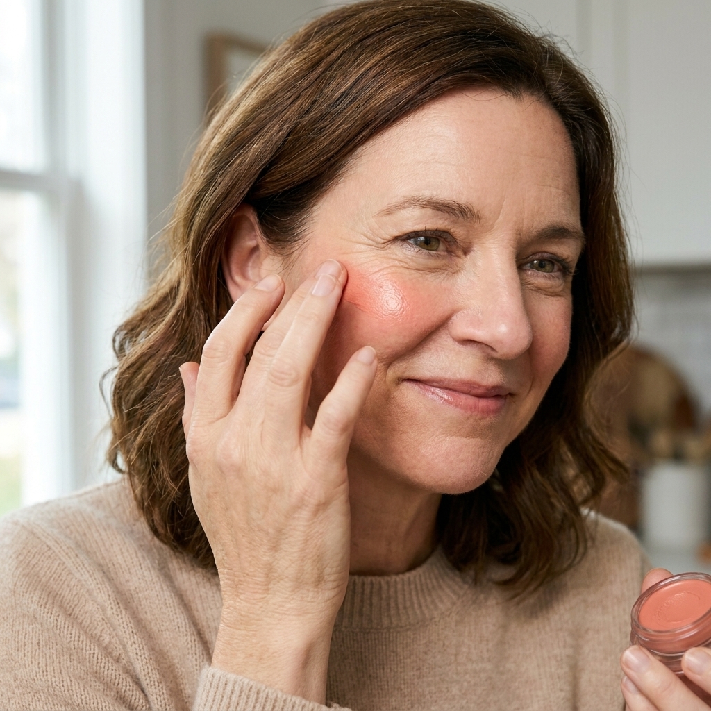 A close-up of a person applying cream blush with fingertips to the tops of their cheeks for a natural flushed effect in daylight