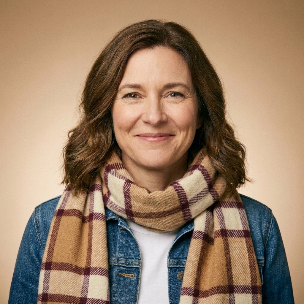 A close-up of a plaid blanket scarf in camel, cream, and burgundy tones layered over a simple white T-shirt and medium-wash denim jacket