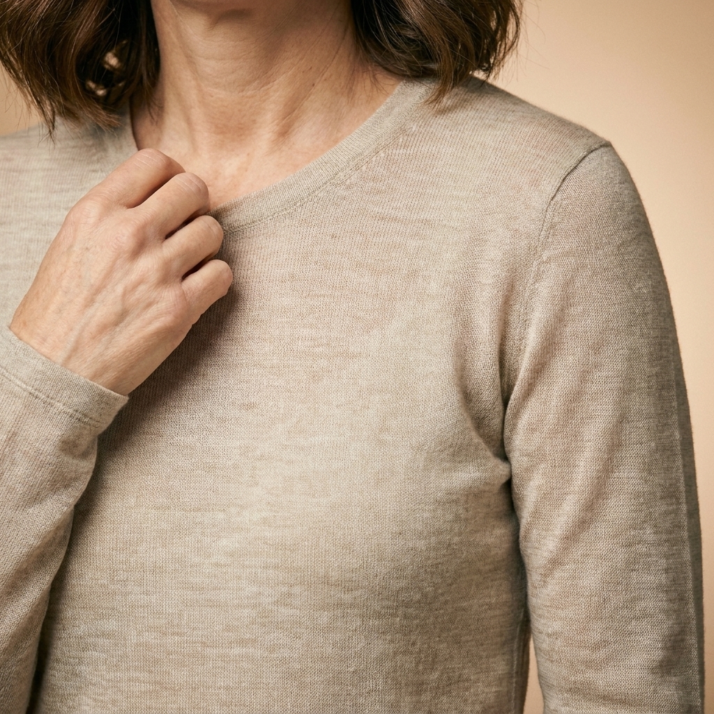A close-up of a thin merino wool long-sleeve base layer in a neutral color, showing the fine knit texture