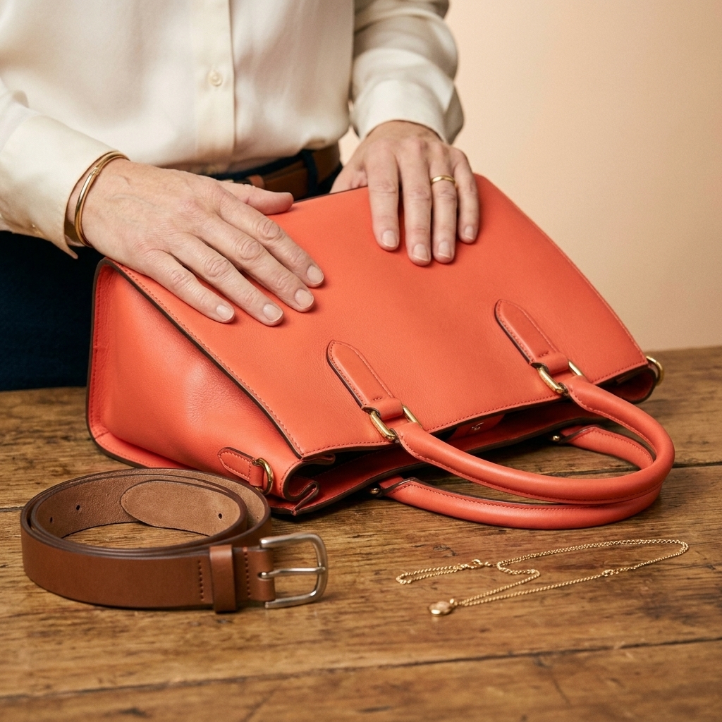 A close-up of hands holding a bright handbag next to neutral clothing accessories like a belt and simple jewelry on a wooden table