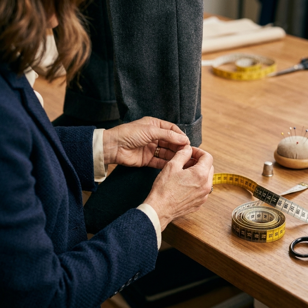 A close-up of hands pinning the hem of trousers on a person standing, with a tape measure visible on a tailor’s table