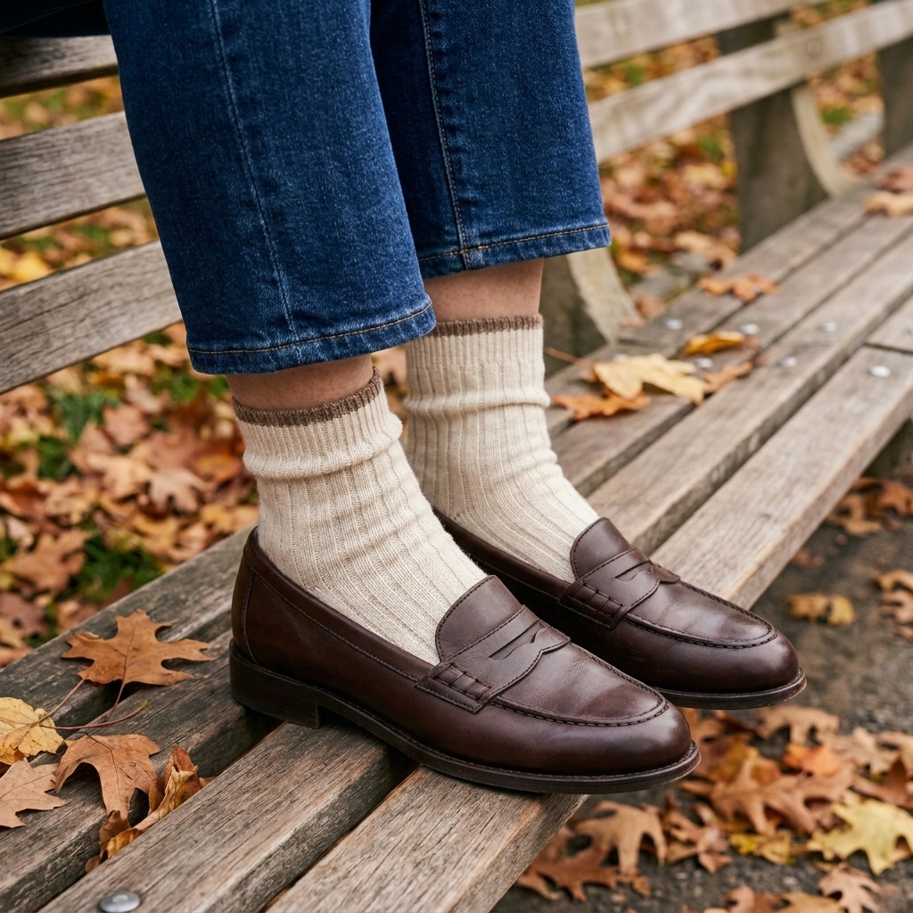 A close-up of loafers worn with ribbed cream socks featuring a subtle brown stripe, paired with cropped denim on a cool autumn day