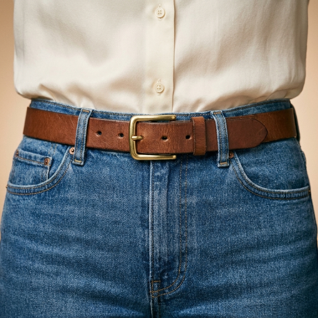 A close-up of medium-wash high-rise jeans with a brown leather belt featuring a polished brass buckle and belt loops neatly aligned