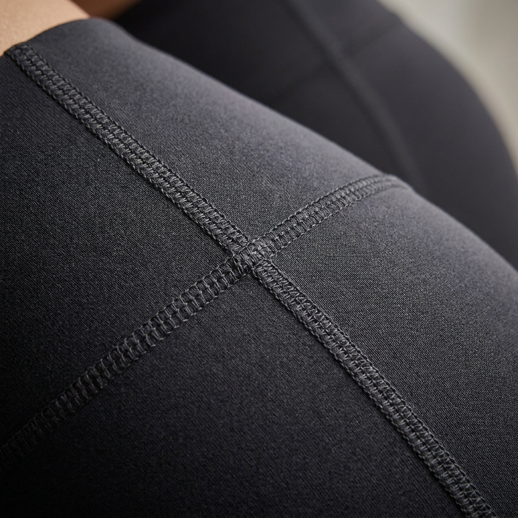 A close-up photo of flatlock stitching on dark athletic leggings fabric, showing neat seams and smooth thread, realistic photography