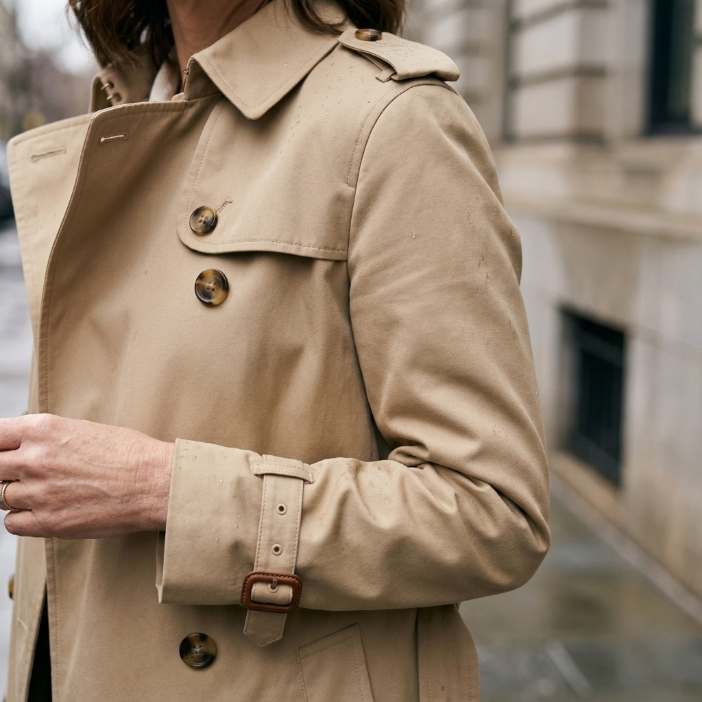 A close-up photograph of a beige trench coat showing the storm flap, double-breasted buttons, and cuff strap with a buckle, photographed outdoors on an overcast day