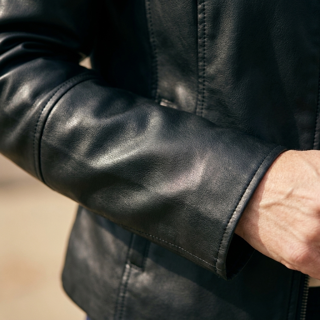 A close-up photograph of a black vegan leather jacket sleeve showing subtle texture and stitching detail in natural daylight