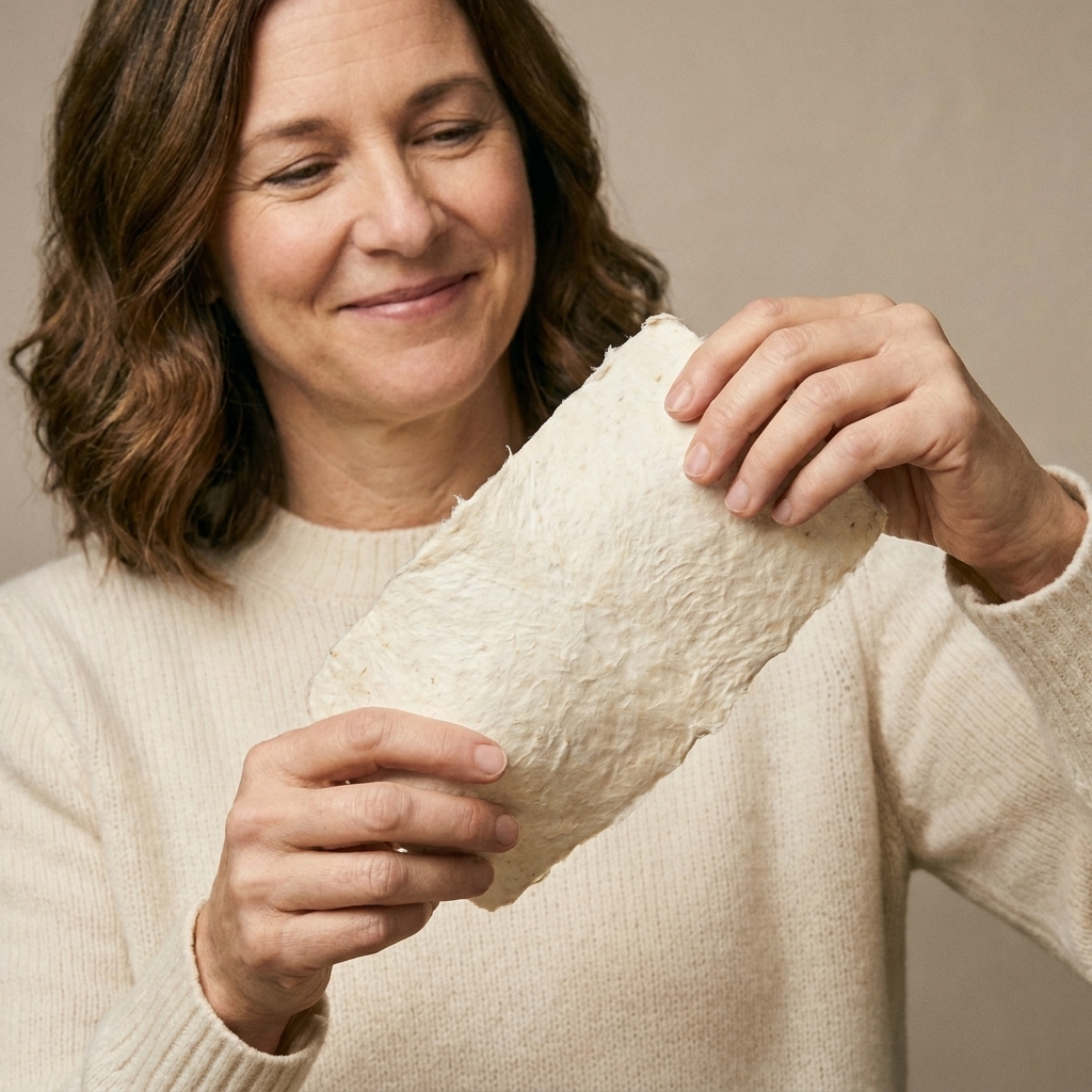 A close-up photograph of a sheet of mycelium-based material being held by a person in a studio, showing natural texture and flexibility