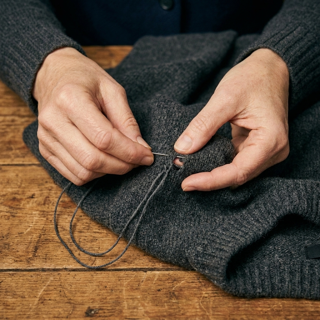 A close-up photograph of hands mending a small hole on a charcoal wool sweater with a needle and matching thread on a wooden table