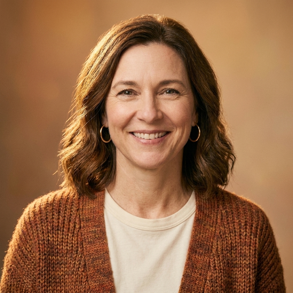 A close-up portrait of a person wearing medium gold hoop earrings, a cream crewneck T-shirt, and a warm-toned cardigan with soft autumn light
