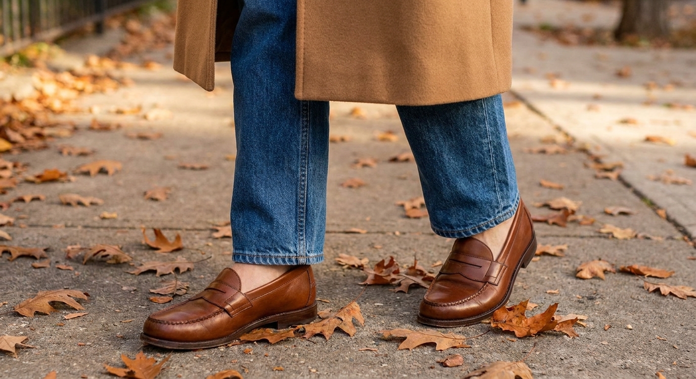 A close view of classic brown loafers with straight-leg denim and a camel coat on a sidewalk with fallen leaves