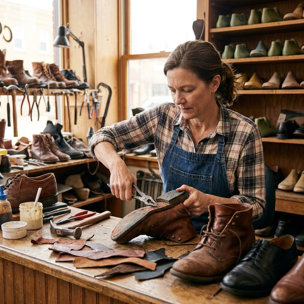 A cobbler working on resoling a pair of worn leather boots in a small repair shop, with tools and leather scraps on the counter