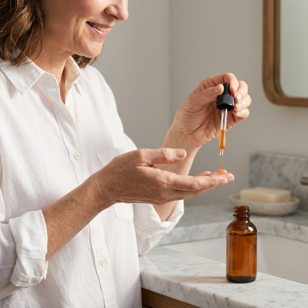 A glass dropper releasing vitamin C serum onto fingertips on a bathroom counter