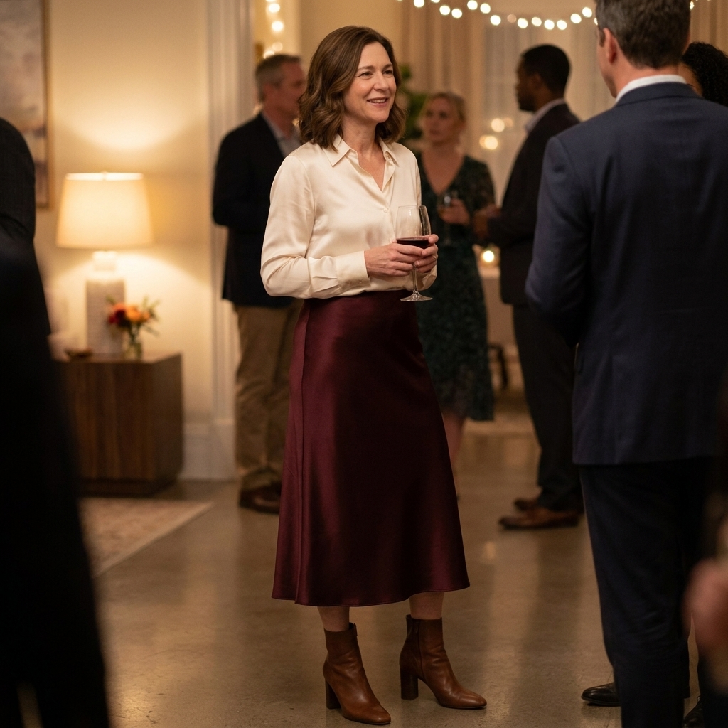A guest wearing an ivory silk blouse tucked into a deep burgundy satin midi skirt, paired with heeled ankle boots in a softly lit indoor party