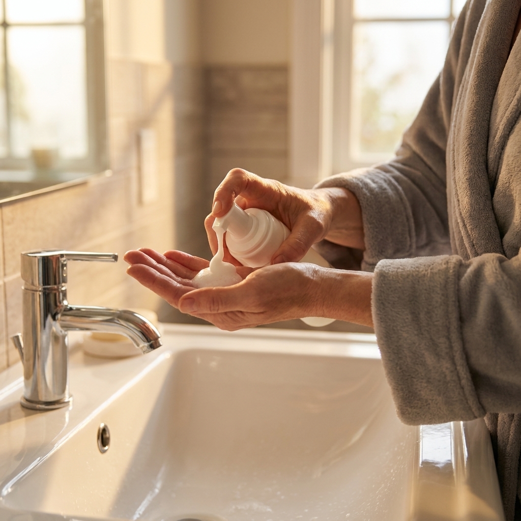 A hand dispensing gentle facial cleanser over a bathroom sink with warm morning light