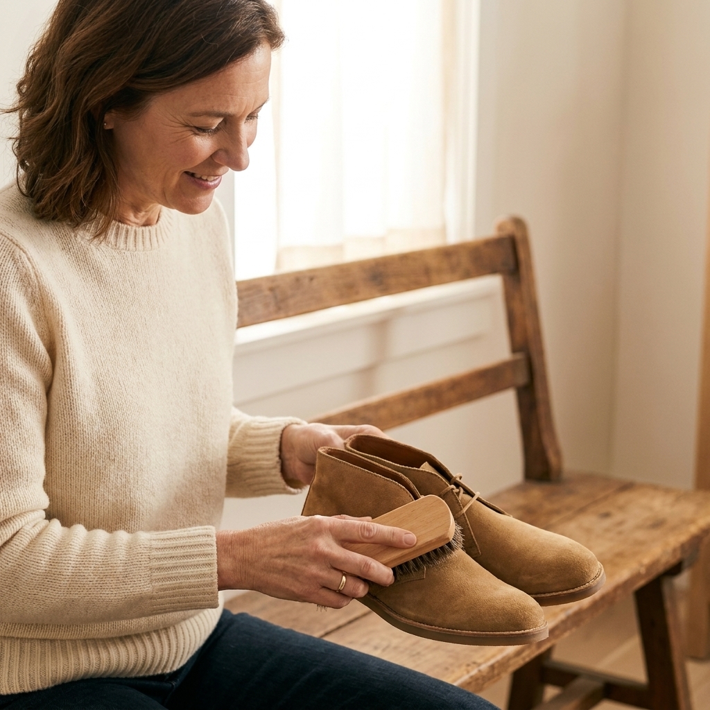 A hand using a suede brush on tan suede boots on a wooden bench in a softly lit room
