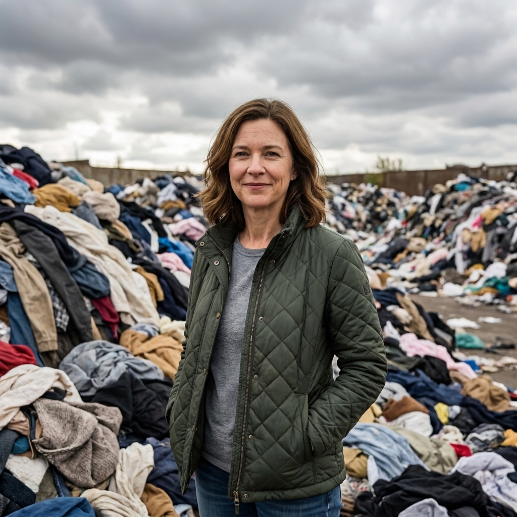 A large pile of discarded clothing and textiles at an outdoor waste facility under an overcast sky