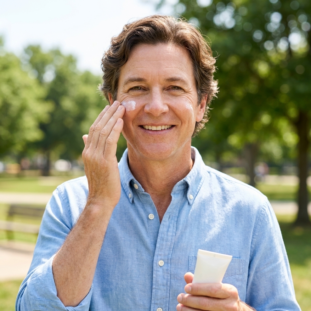 A man applying sunscreen to his face while standing outdoors in daylight wearing a casual shirt
