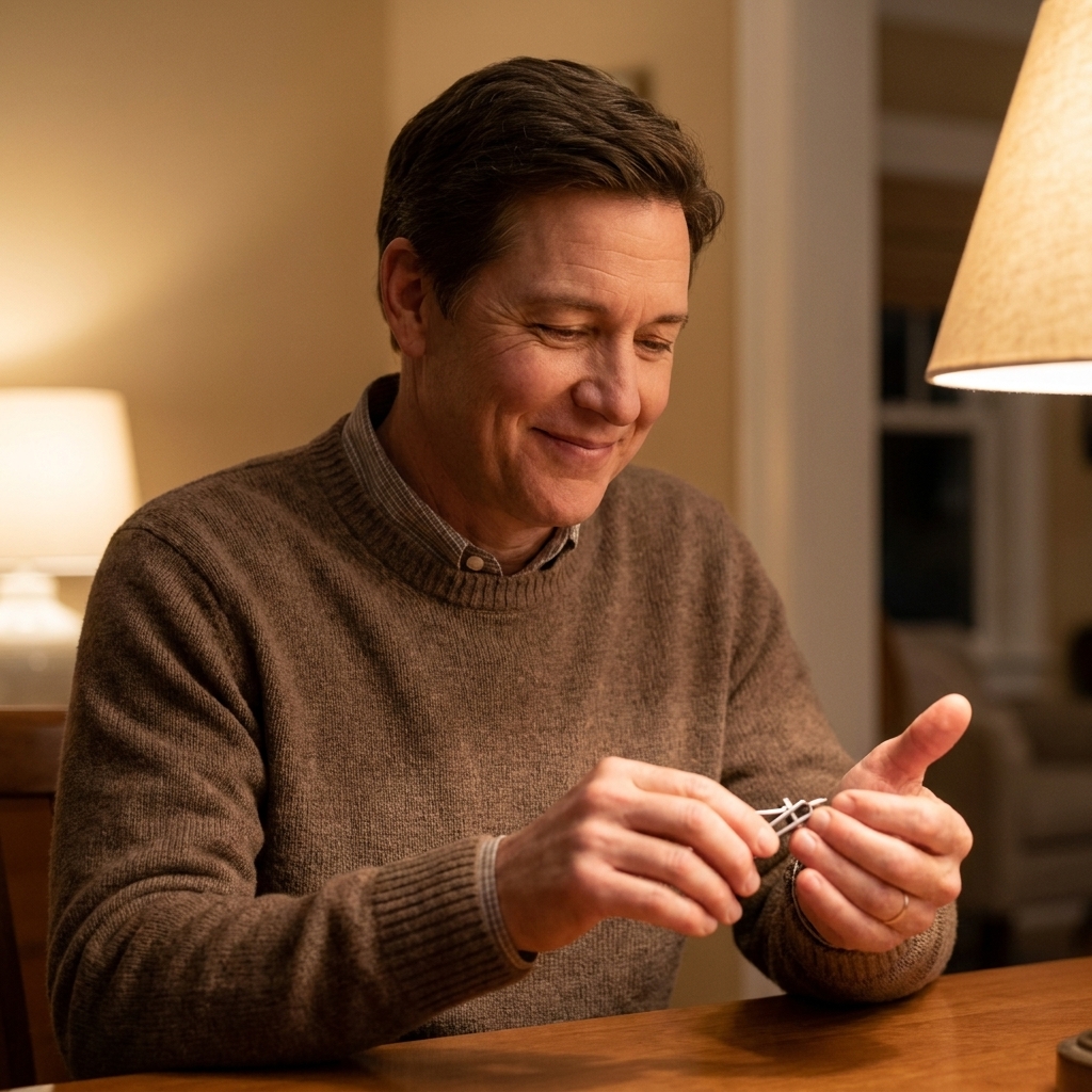 A man sitting at a table trimming his fingernails with a nail clipper under warm indoor light