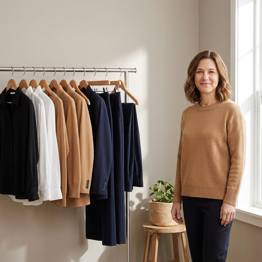 A minimal closet rail with neatly hung black, white, camel, and navy garments in a bright bedroom.