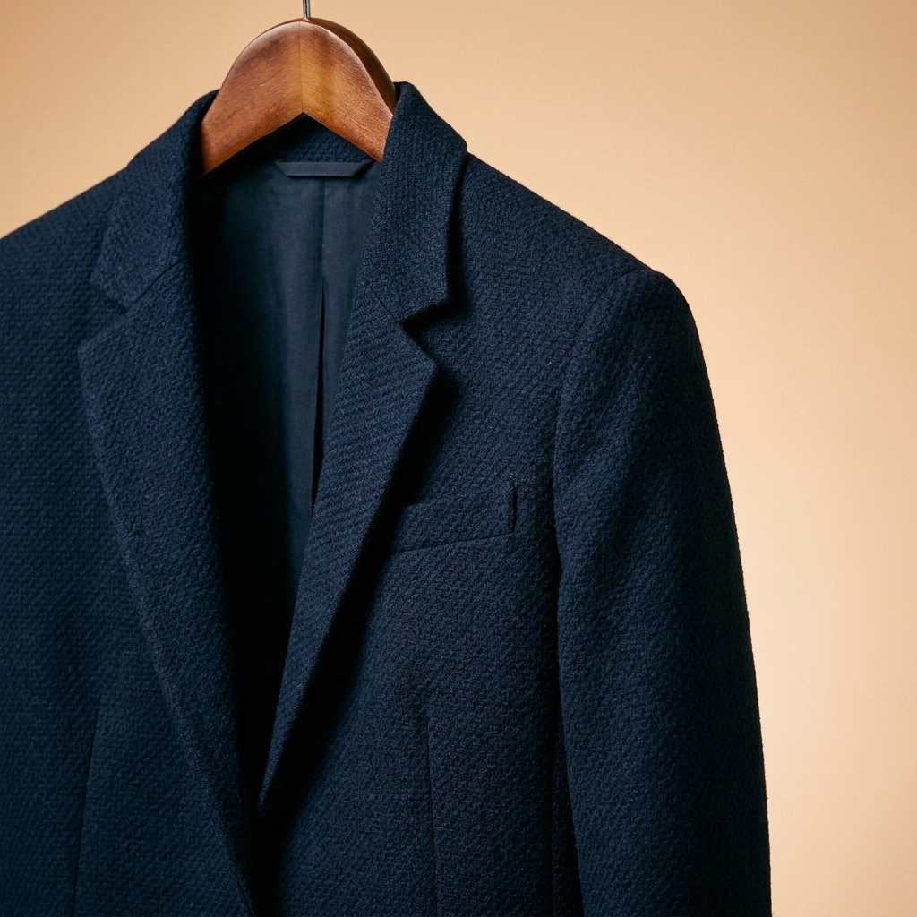 A navy blazer on a hanger with clean shoulder structure, smooth lapels, and tailored sleeves.