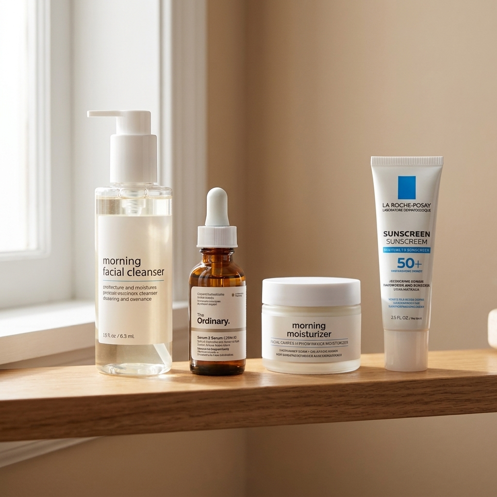 A neat row of morning skincare products including cleanser, serum, moisturizer, and sunscreen arranged on a bathroom shelf in natural light