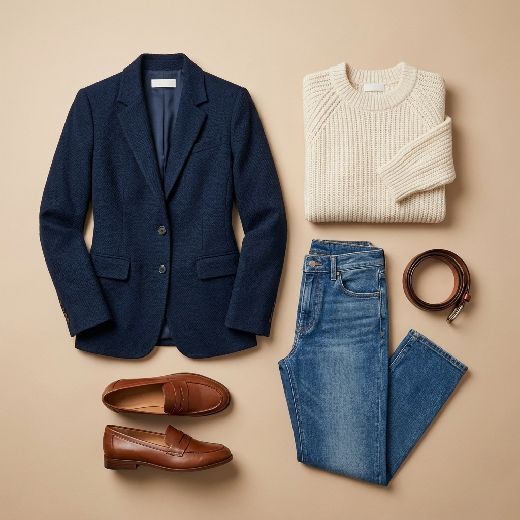 A neatly arranged outfit featuring straight-leg jeans, a cream knit sweater, a blazer, loafers, and a leather belt laid out together