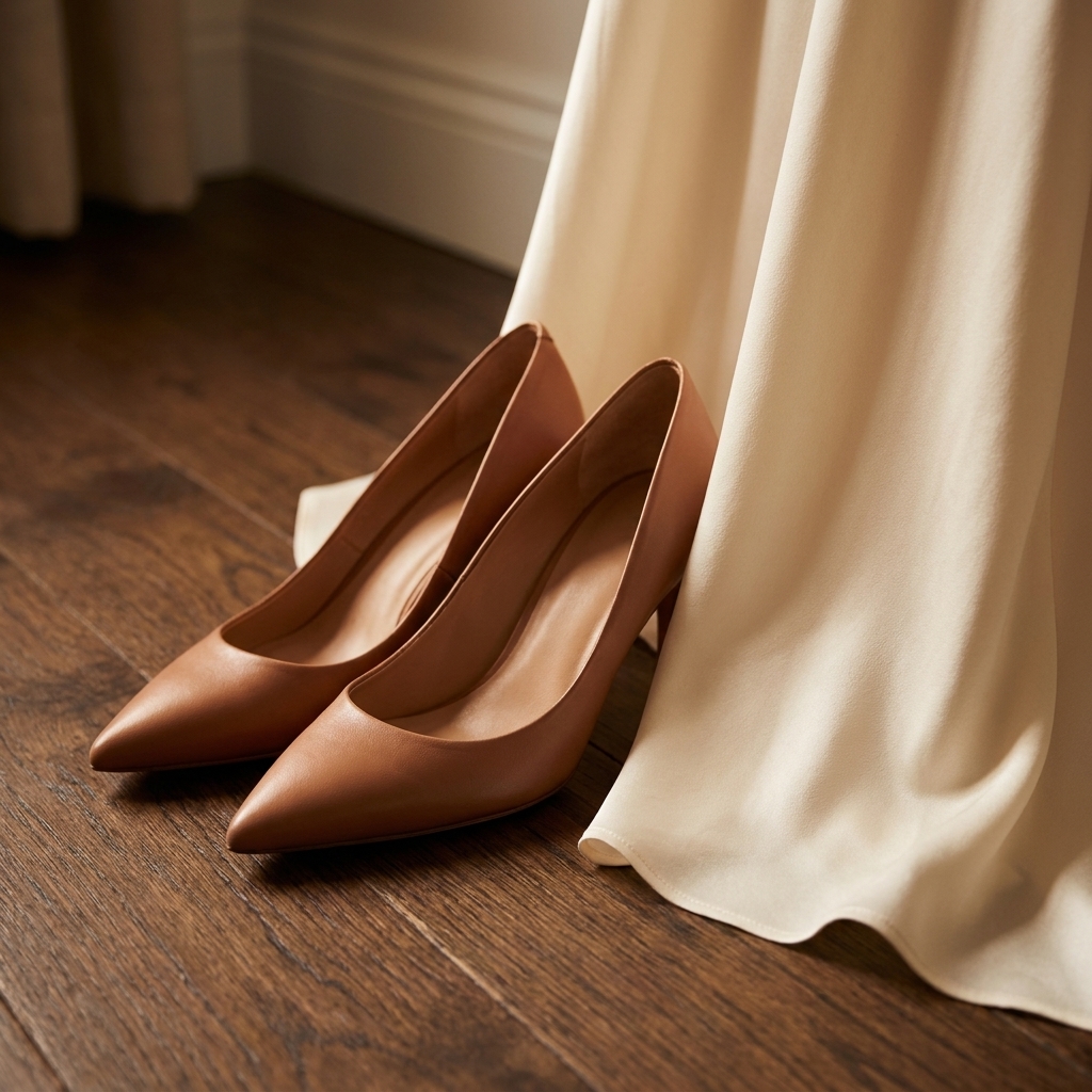 A pair of pointed-toe pumps in a warm brown nude tone on a hardwood floor next to a silk dress hem, soft indoor light