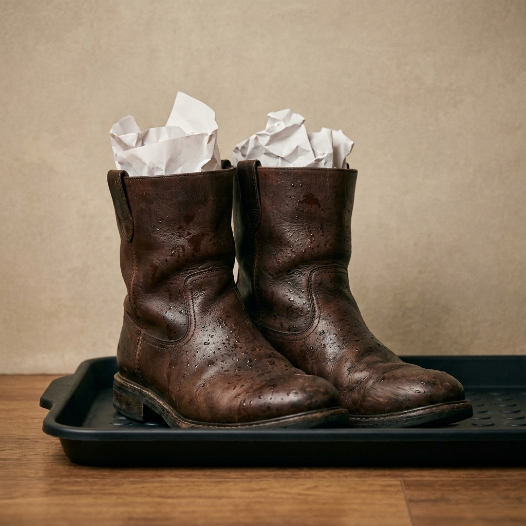 A pair of wet leather boots stuffed with plain paper and placed on a boot tray near a neutral-colored wall