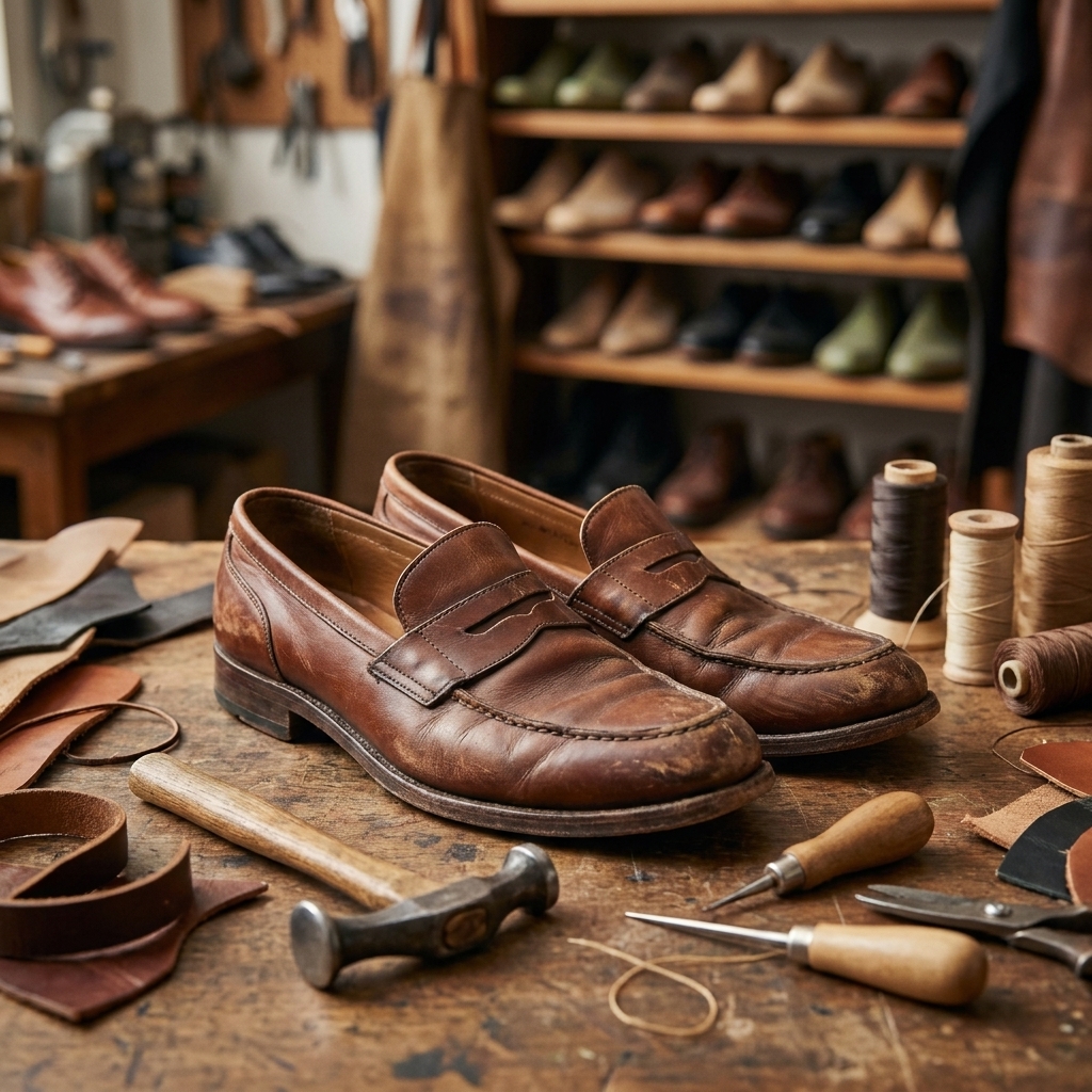 A pair of worn leather loafers resting on a wooden workbench in a cobbler shop, with repair tools nearby