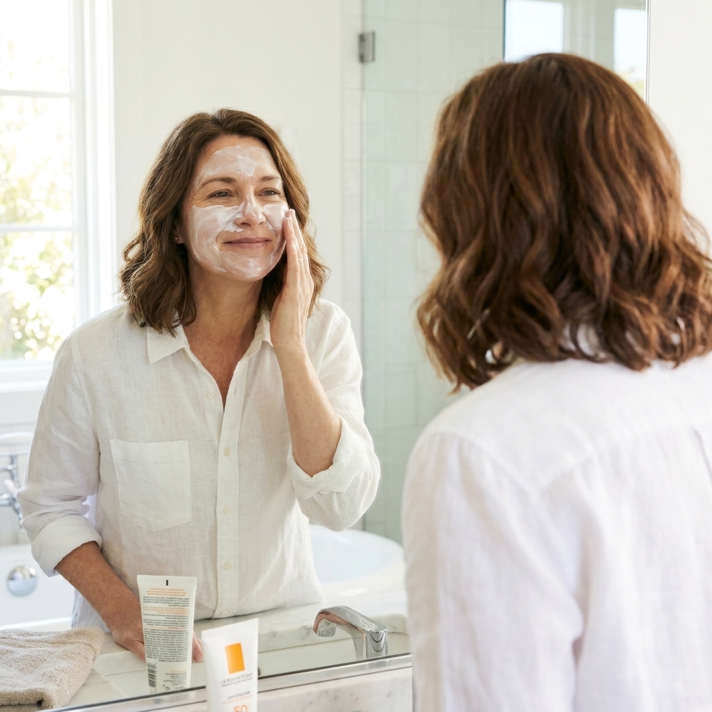 A person applying a generous amount of sunscreen to their face in front of a mirror, bright natural daylight