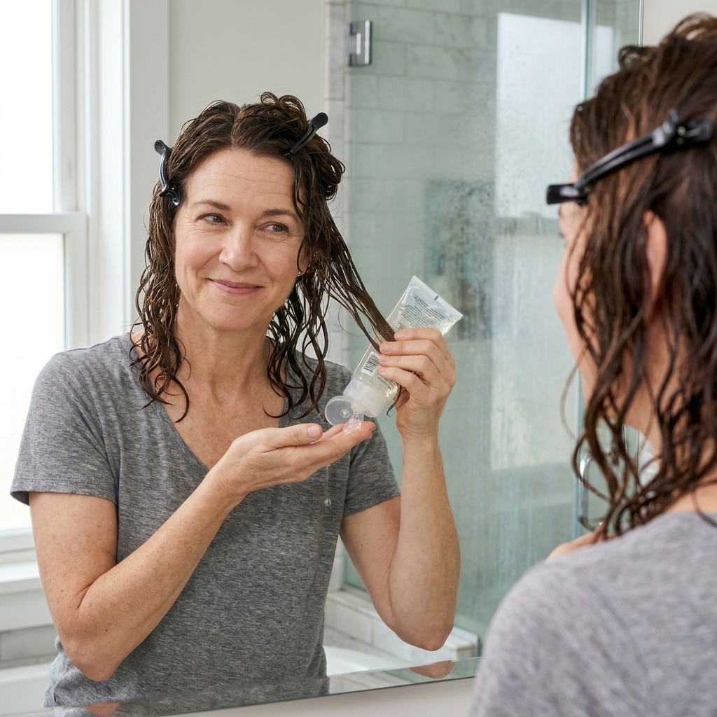 A person applying clear styling gel to soaking wet curly hair while sectioning with clips in a bathroom
