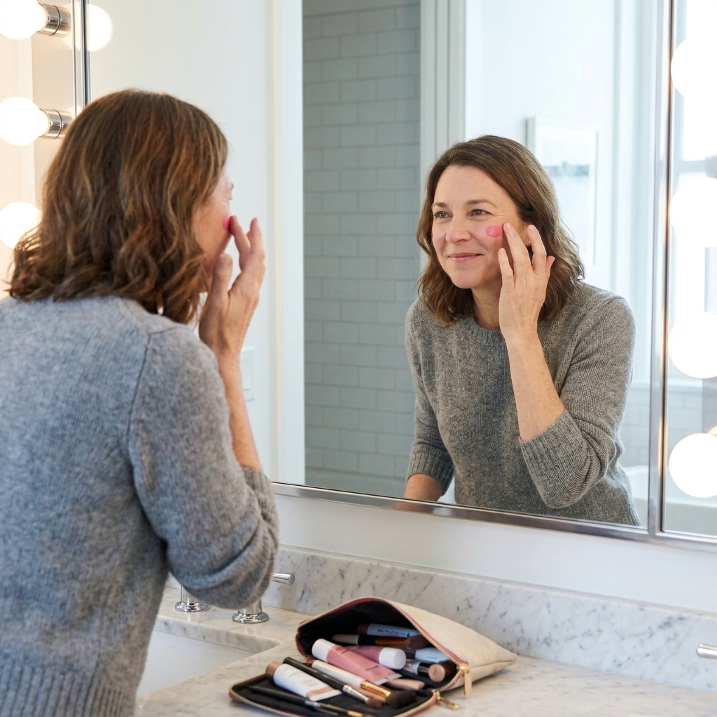 A person applying cream blush to the high cheekbone area with fingertips in a well-lit restroom mirror, makeup bag open on a counter