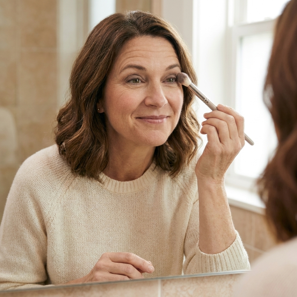 A person blending a single taupe eyeshadow across the eyelid with a fluffy brush for soft, natural definition