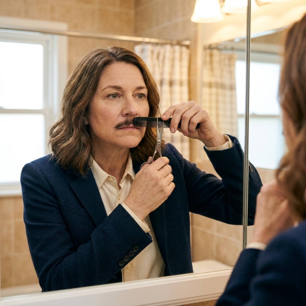 A person carefully trimming their mustache with small scissors while combing the hairs downward in a well-lit bathroom