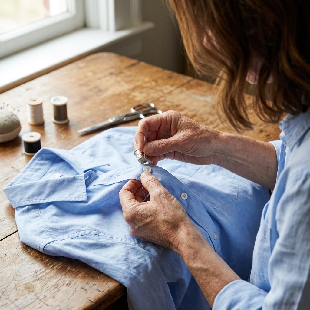A person hand sewing a button onto a cotton shirt with a needle and thread on a wooden table, close-up