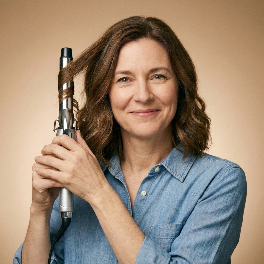 A person holding a curling iron vertically while wrapping a mid-length hair section away from the face