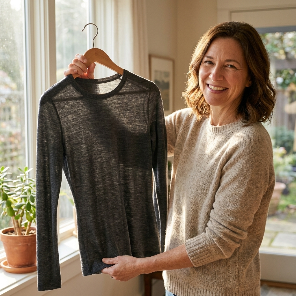 A person holding a soft merino wool long-sleeve base layer on a wooden hanger near a sunlit window, realistic photography