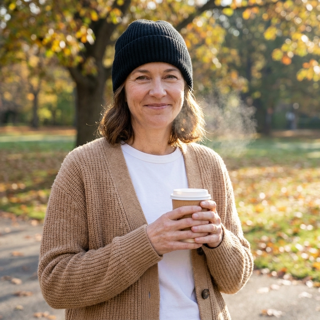 A person in a black ribbed beanie, white T-shirt, and tan cardigan holding a coffee cup on a crisp autumn morning