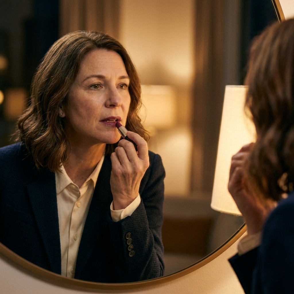 A person in a blazer applying deep berry lipstick in a mirror under warm evening lighting, holding a lipstick tube close to their lips