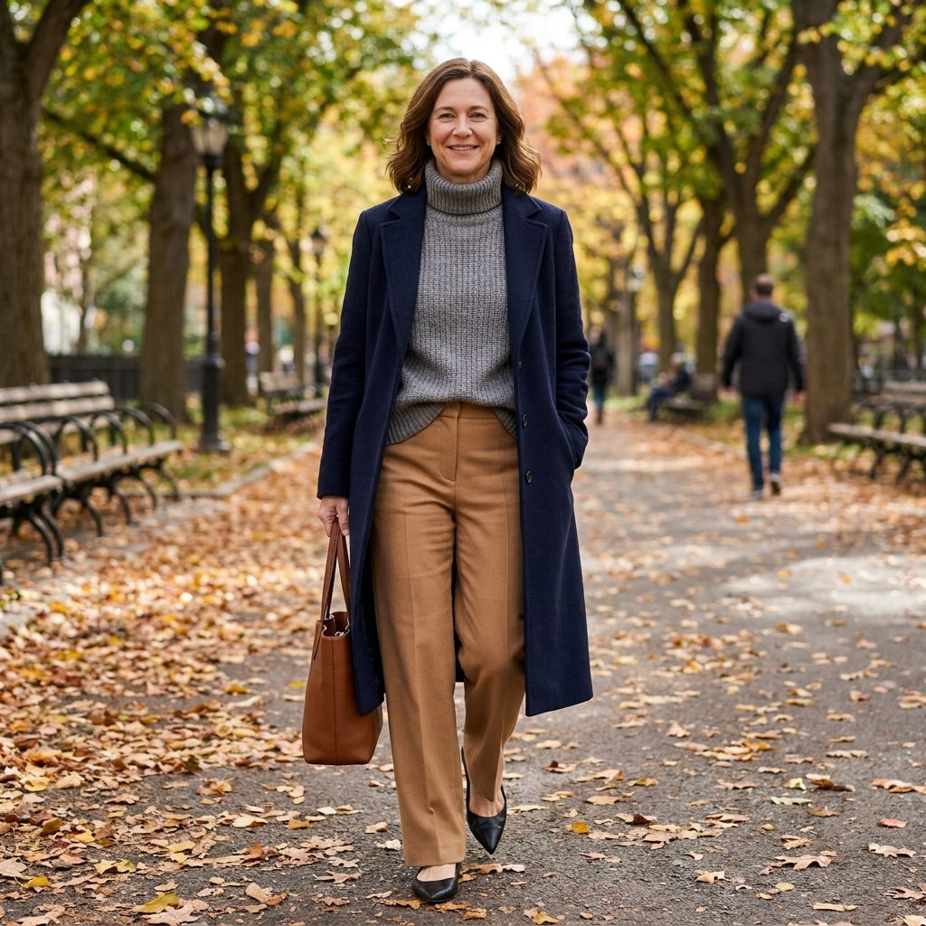A person in a chunky gray knit sweater tucked slightly into camel wide-leg trousers, wearing black pointed-toe flats and a long coat, walking outdoors in autumn