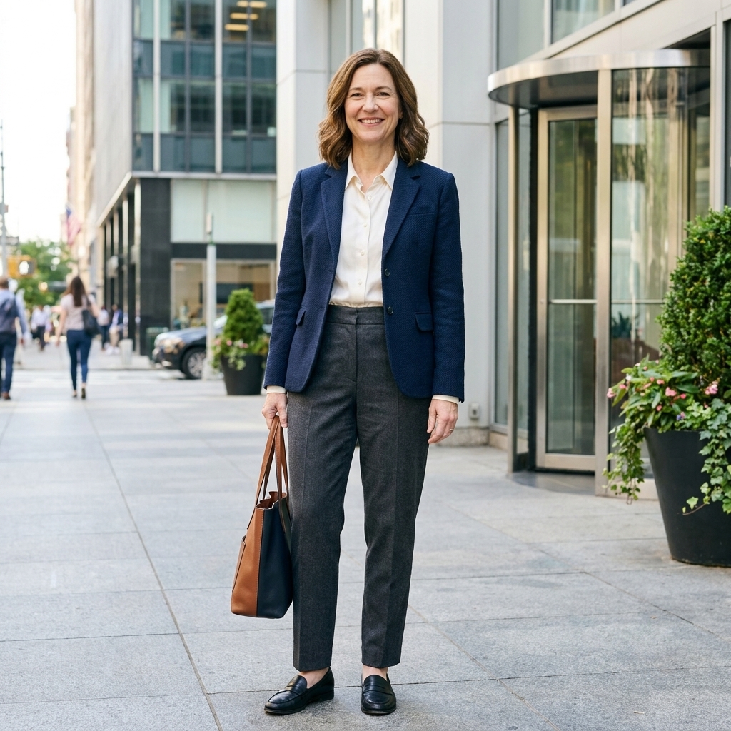 A person in a navy blazer over a white button-down shirt tucked into high-waisted charcoal trousers, standing outside an office building in daytime