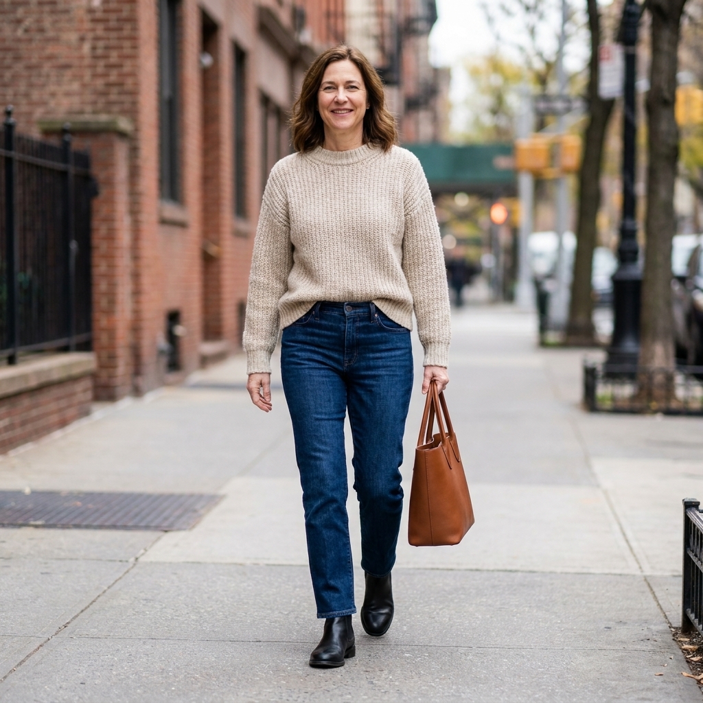 A person in an oatmeal chunky knit sweater with a half tuck into dark straight-leg jeans, wearing black Chelsea boots and carrying a structured tote, casual street photo