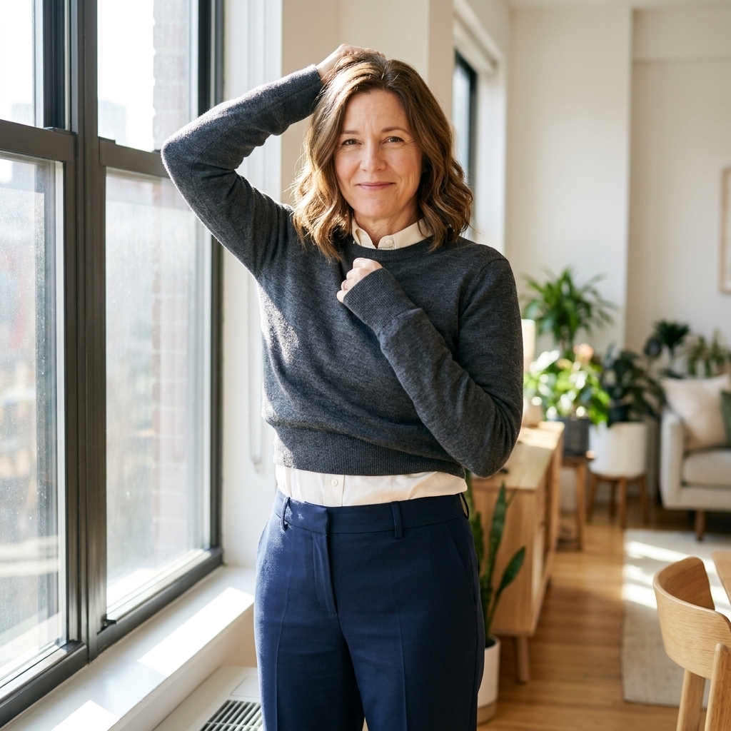 A person layering a fine-gauge merino sweater over a collared shirt with tailored trousers, standing in a bright apartment near a window