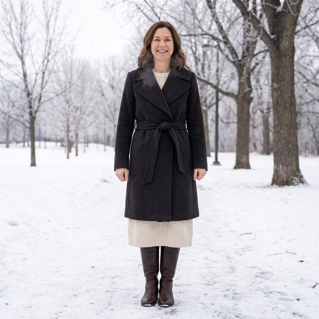 A person outdoors wearing a dark wrap coat tied at the waist over a knit dress, with knee-high boots on a cold winter day