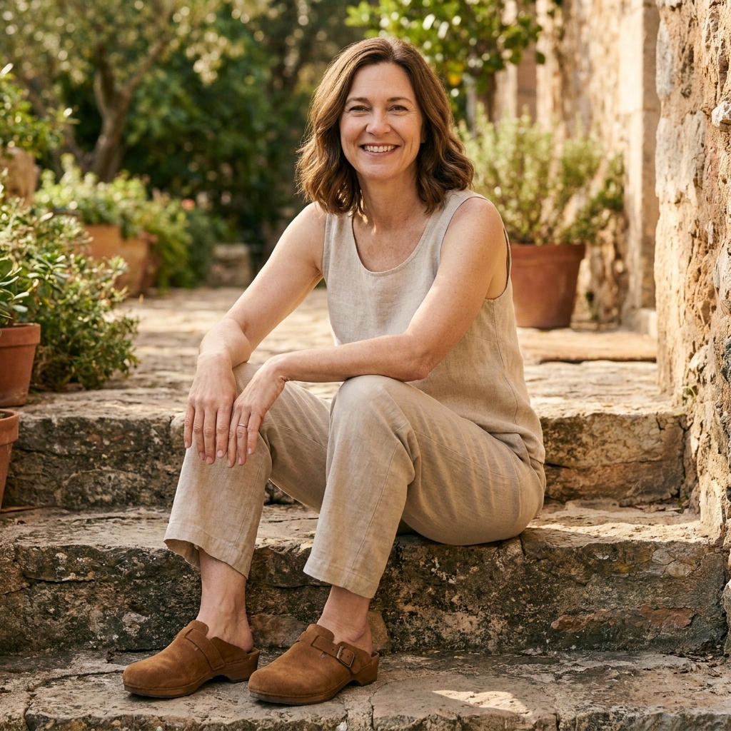 A person sitting on outdoor steps wearing suede clogs with relaxed linen pants and a simple tank top, natural lifestyle photo